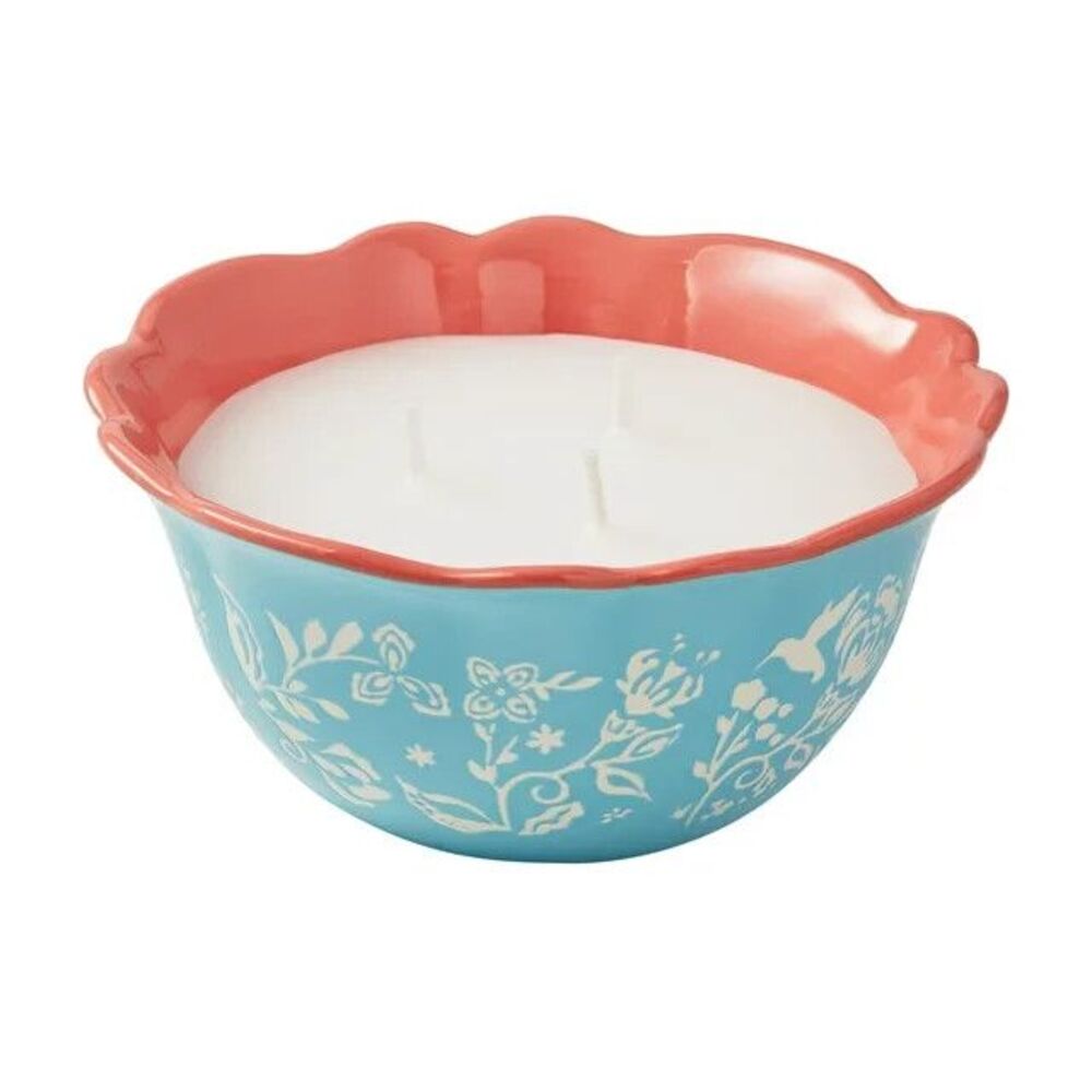 Pioneer Woman Mazie Floral 3-Wick Outdoor Citronella Candle Flowers Blue Coral